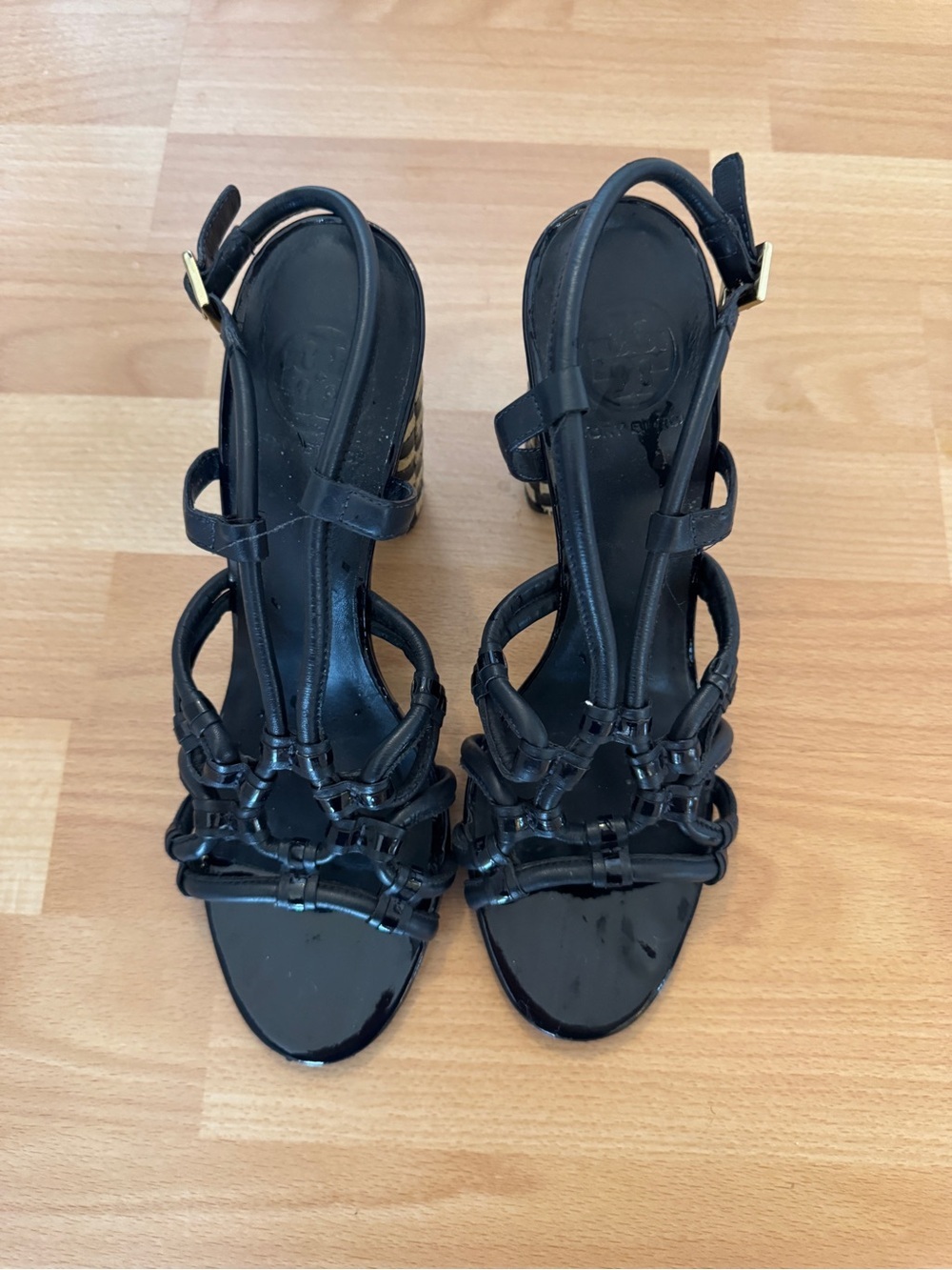 Tory Burch Layce Navy Strappy Woven Heeled Sandals